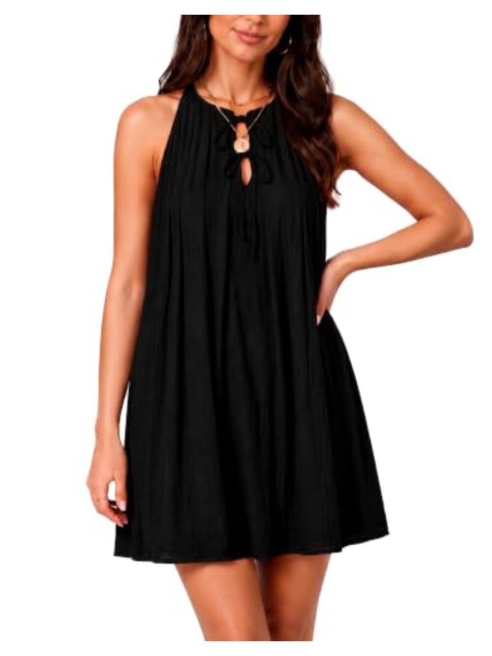 Crinkled Rayon Halter Beach Dress Boho Mini A Line Backless